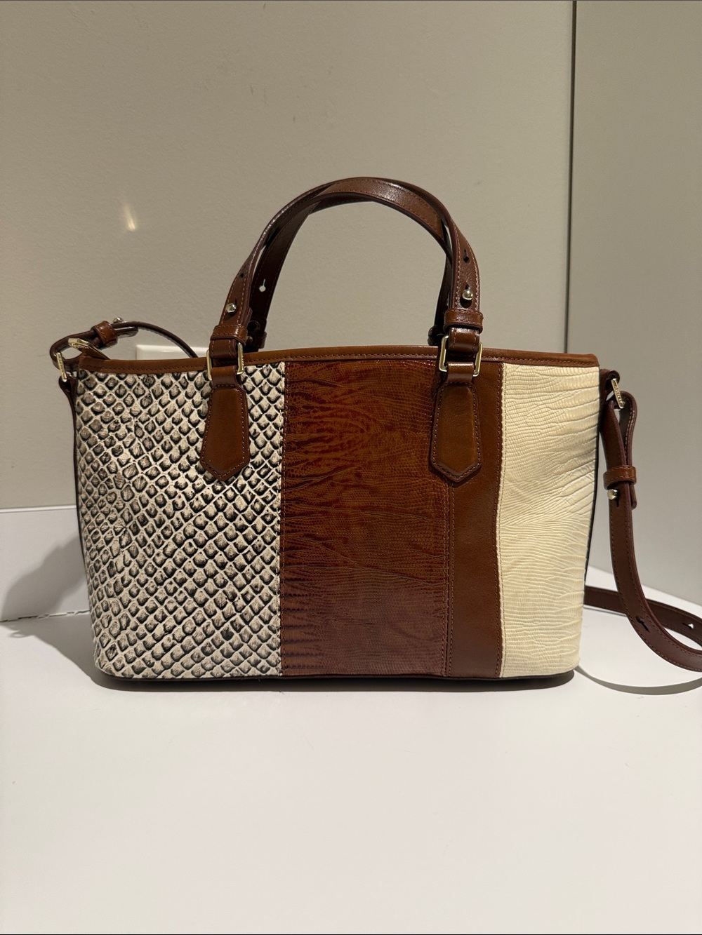 Brahmin Tri-Panel Leather Satchel in Brown and Cream
